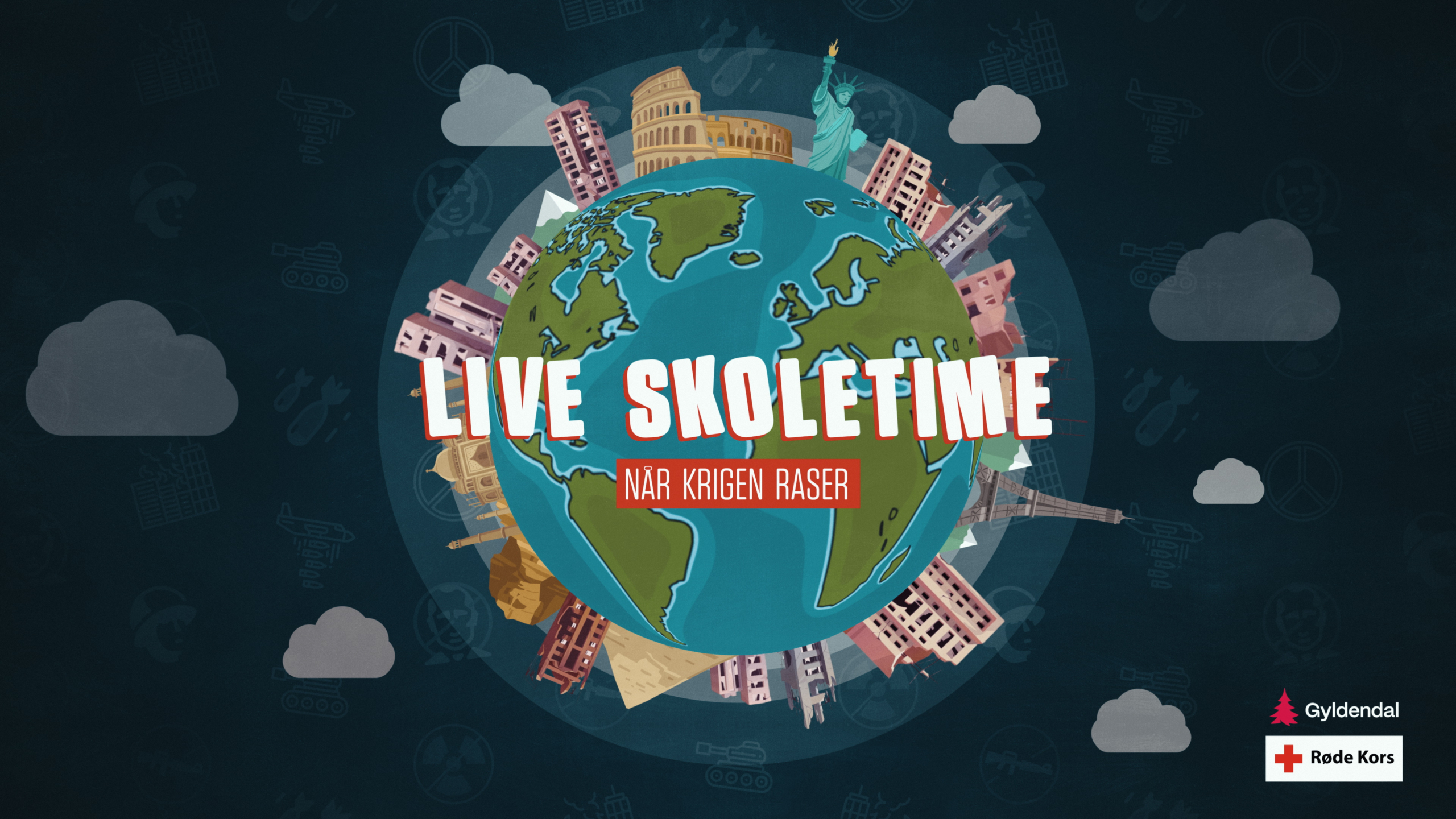 Bildet viser tittelen Live skoletime. I bakgrunnen en tegnet jordklode med forskjellige bygninger plassert rundt på kloden.