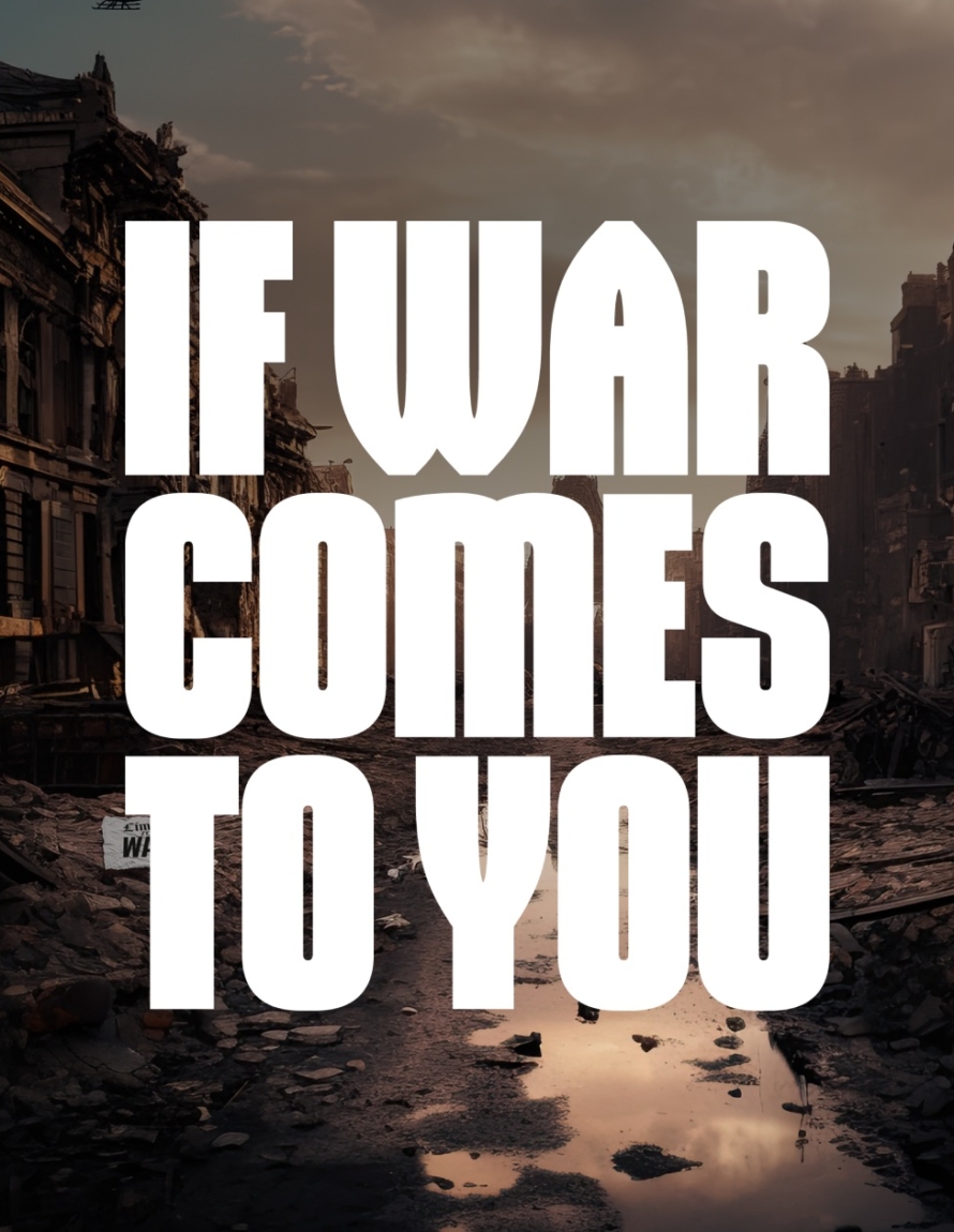 Bilde med tittelen "If war comes to you". I bakgrnnen kan skimtes konturene av en by.