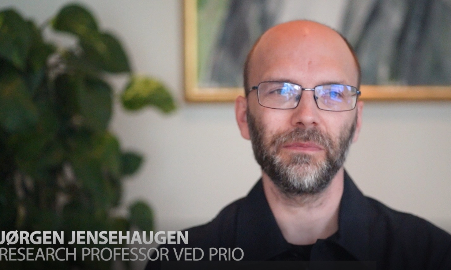 En mann med skjegg og briller kikker i kameraet. Ved siden av vises teksten "Jørgen Jensehaugen, research professor ved PRIO".
